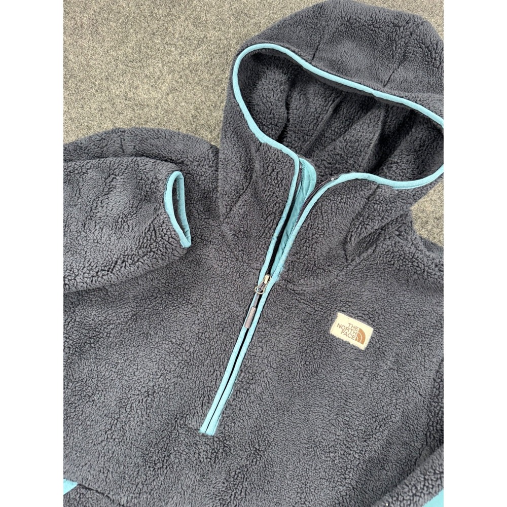 The North Face Campshire Sherpa Fleece Hoodie Mens L Black Blue 1/4 Zip